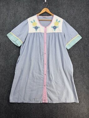 VTG National Striped Seersucker Grannycore Women’s XL Snap Nightgown Cottagecore